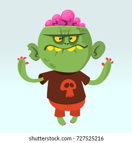 Cartoon funny green zombie wearing t-shirt with a skull. Halloween vector illustration of happy monster