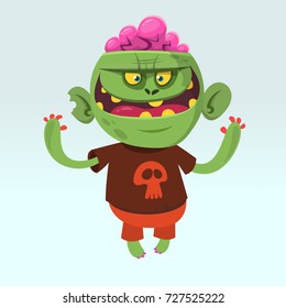 Cartoon funny green zombie wearing t-shirt with a skull. Halloween vector illustration of happy monster