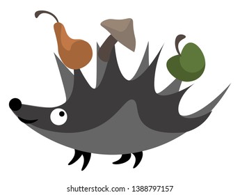 Cartoon funny grey hedgehog with fruits like brown pear  green apple  and ash mushroom  attached on its spines  vector  color drawing or illustration