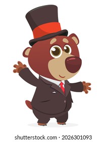 Cartoon funny grizzly bear wearing toxedo or business suit and cylinder hat.  Vector illustration isolated
