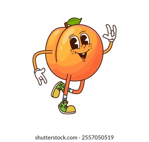 Cartoon funny groovy apricot fruit character with a leaf, waving cheerfully with retro vintage, y2k, hippie vibe. Isolated vector ripe, healthy fruit personage wears shoes and smile, gives off a fun