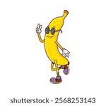 Cartoon funny groovy banana fruit character with smiling face, sunglasses and sneakers. Playful tropical fruit personage flashing peace sign, promotes healthy natural nutrition with nostalgic vibe