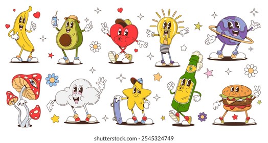 Desenhos animados personagens groovy engraçados e personagens hippies retro. Vetor bonito fast food hambúrguer e garrafa de cerveja, planeta groovy psicodélico, estrela e banana, cogumelo hippy, corações e caracteres de lâmpada