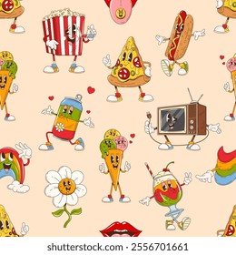 Cartoon funny groovy characters seamless pattern. Cute hippie fast food, rainbow, daisy flowers and TV vector personages background. Groovy pizza, hot dog, soda and hot dog, ice cream and dessert