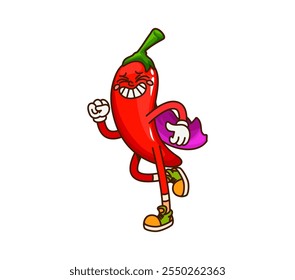 Cartoon funny groovy Halloween Mexican chili pepper wizard, vector Tex Mex food character. Groovy chili pepper with happy smile on funky face in sorcerer mantle for Halloween holiday cartoon character