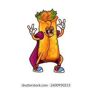 Cartoon funny groovy Halloween Mexican taquito wizard character, vector Tex Mex food. Groovy taquito or burrito with happy smile and funky fingers in sorcerer magic mantle, Halloween holiday character