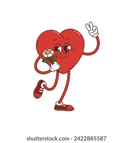 Cartoon funny groovy heart character in hippie funky art, vector comic personage. 60s and 70s hippie groovy heart character with flower, peace gesture and love face in retro groovy pop art