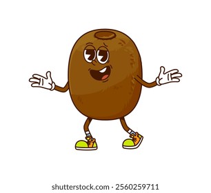 Cartoon funny groovy kiwi fruit character with funky hippie vibe. Isolated vector expressive and cheerful exotic tropical fruit retro comic personage capture a playful and whimsical essence of 60s era