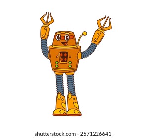 Cartoon funny groovy robot and droid character with futuristic appearance and claw arms. Isolated vector playful ai android personage exudes friendly and nostalgic scifi retro futuristic vibe of 80s