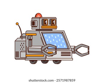 Cartoon funny groovy robot and droid character with playful expression, antenna and friendly face. Vector retro futuristic personage with mechanical claws and wheels exuding nostalgic sci-fi vibe