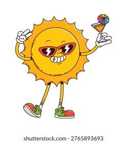 Cartoon funny groovy sun vector character with smiling face, wearing sunglasses with lightning bolts, holding cocktail glass with umbrella, standing in sneakers and summer hippie y2k retro vibe