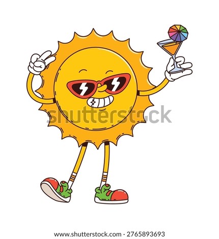 Cartoon funny groovy sun vector character with smiling face, wearing sunglasses with lightning bolts, holding cocktail glass with umbrella, standing in sneakers and summer hippie y2k retro vibe