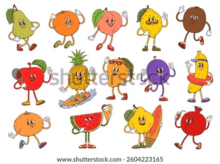 Cartoon funny groovy tropical fruit characters, vector fresh farm food doing summer activities. Retro cute orange, apple, mango and watermelon berries. Groovy lemon, peach and kiwi fruits characters