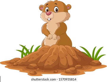 Cartoon Funny Groundhog Standing Outside Its Burrow