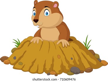 Cartoon funny groundhog standing outside its burrow