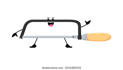 Cartoon funny hacksaw diy, building and repair tool character. Isolated vector mischievous instrument personage with happy a grin, sharp blade, and animated eyes, thrives on causing playful surprises