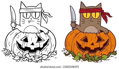 Cartoon funny Halloween cat in scary pumpkin with knife. Hand drawn vector postcard for coloring.