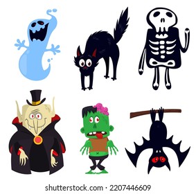 Cartoon Funny Halloween Characters Set. Vctor Illustration Of Monster Ghost Vampire Bat Black Cat And Grim Reaper