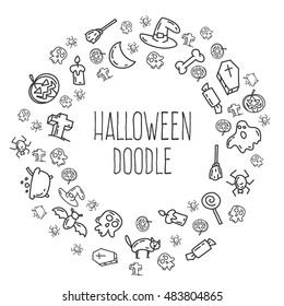 Cartoon funny halloween doodles. Hand drawn objects and symbols. Vector illustration for backgrounds, web design, design elements, textile prints, covers, greeting cards.