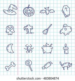Cartoon funny halloween doodles. Hand drawn objects and symbols. Vector illustration for backgrounds, web design, design elements, textile prints, covers, greeting cards.