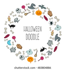 Cartoon funny halloween doodles. Hand drawn objects and symbols. Vector illustration for backgrounds, web design, design elements, textile prints, covers, greeting cards.
