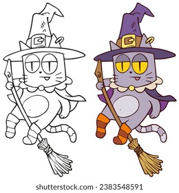 Cartoon funny Halloween flying cat in witch hat with broom. Hand drawn vector postcard for coloring.