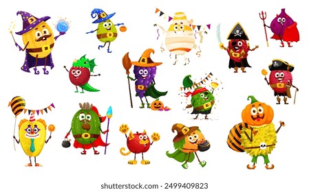 Dibujos animados divertidos personajes de frutas de Halloween en trajes de vacaciones, monstruos de terror espeluznantes de Vector. Bruja de la uva con el diablo de la higuera y el mago del melón o la momia de la papaya y el pirata del lichi para Halloween