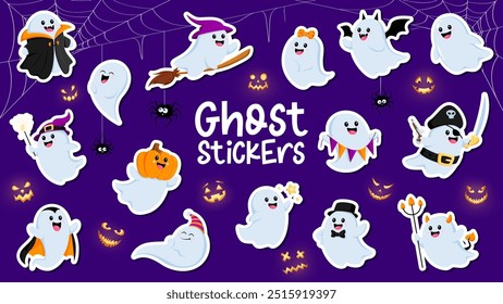 Cartoon engraçado Halloween personagens fantasmas adesivos pack. Manchas vetoriais com adoráveis spooks vestidos com trajes festivos de bruxa, vampiro, cabeça de abóbora, cavalheiro e pirata comemoram a noite de horror