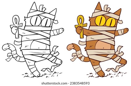 Cartoon funny Halloween mummy cat in bandage with ankh. Hand drawn vector postcard for coloring.