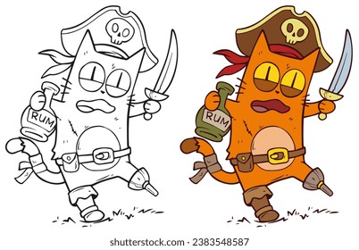 Cartoon funny Halloween pirate cat with sword and rum. Hand drawn vector postcard for coloring.