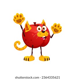 Cartoon funny Halloween plum fruit character in holiday costume of cat. Isolated vector playful juicy personage dons a mischievous kitten ears, tail and paws, brings fruity fun with its feline antics