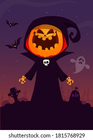 Cartoon funny halloween pumpkin head grim reaper isolated. Vector illustration