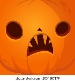 Cartoon funny  Halloween pumpkin head with scary face expression. Vector illustration of jack-o-lantern monster character design with carved emotion isolated
