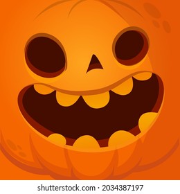 Cartoon funny  Halloween pumpkin head with scary face expression. Vector illustration of jack-o-lantern monster character design with carved emotion isolated
