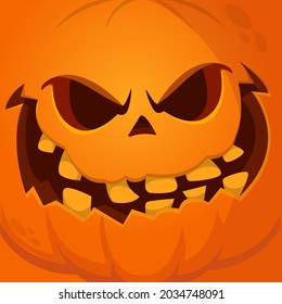 Cartoon funny  Halloween pumpkin head with scary face expression. Vector illustration of jack-o-lantern monster character design with carved emotion isolated
