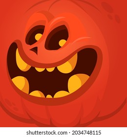 Cartoon funny  Halloween pumpkin head with scary face expression. Vector illustration of jack-o-lantern monster character design with carved emotion isolated
