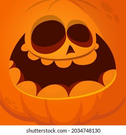 Cartoon funny  Halloween pumpkin head with scary face expression. Vector illustration of jack-o-lantern monster character design with carved emotion isolated
