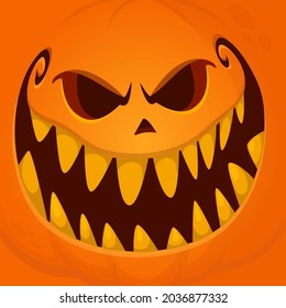 Cartoon funny  Halloween pumpkin head with scary face expression. Vector illustration of jack-o-lantern monster character design with carved emotion isolated
