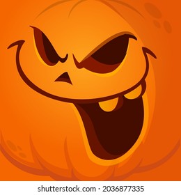 Caricatura graciosa cabeza de calabaza de Halloween con expresión de miedo en la cara. Ilustración vectorial del diseño del personaje monstruo jack-o-lantern con emoción tallada aislada
