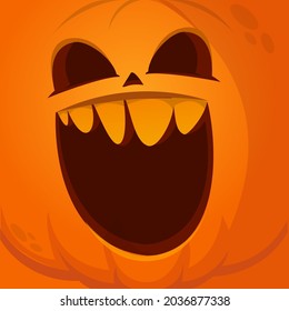 Cartoon funny  Halloween pumpkin head with scary face expression. Vector illustration of jack-o-lantern monster character design with carved emotion isolated
