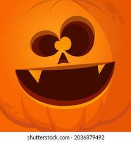 Cartoon funny  Halloween pumpkin head with scary face expression. Vector illustration of jack-o-lantern monster character design with carved emotion isolated
