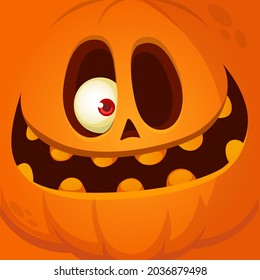 Cartoon funny  Halloween pumpkin head with scary face expression. Vector illustration of jack-o-lantern monster character design with carved emotion isolated
