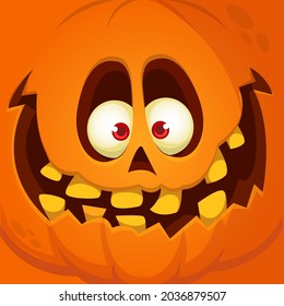 Caricatura graciosa cabeza de calabaza de Halloween con expresión de miedo en la cara. Ilustración vectorial del diseño del personaje monstruo jack-o-lantern con emoción tallada aislada
