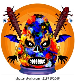 Cartoon Funny Halloween Pumpkin Head with Wings and Weapon in the Behind, Standing on Podium with Circle Background Isolated on White. Vector Art Illustration of Pumpkin Halloween with Face Expression