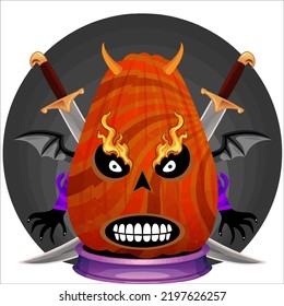 Caricatura Graciosa Cabeza de calabaza de Halloween con alas y arma en la parte trasera, parada en el podio con fondo de círculo aislado en blanco. Ilustración de arte vectorial Halloween de calabaza con expresión facial