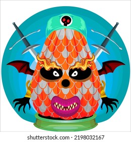 Cartoon Funny Halloween Pumpkin Head with Wings and Weapon in the Behind, Standing on Podium with Circle Background Isolated on White. Vector Art Illustration of Pumpkin Halloween with Face Expression