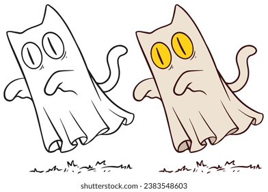 Cartoon funny Halloween spooky flying ghost cat. Hand drawn vector postcard for coloring.
