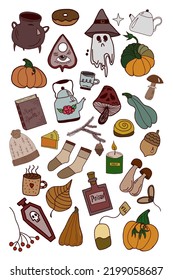 Cartoon funny Halloween stickers. Pumpkin and witch. Cauldron and ghost. Mushroom and magic book. Poison and candle. Coffin and skull. Vector icons set isolated on white background.