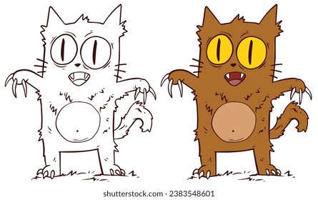 Cartoon funny Halloween werewolf cat with sharp claws. Hand drawn vector postcard for coloring.