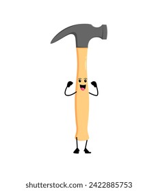 Cartoon funny hammer diy, building and repair tool character. Isolated vector instrument with expressive eyes, resembling a playful smile, ready for some handy adventures and animated construction fun
